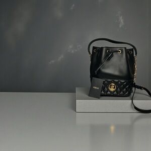 Versace Medusa Quilted Bucket Bag Black Leather Drawstring NWT